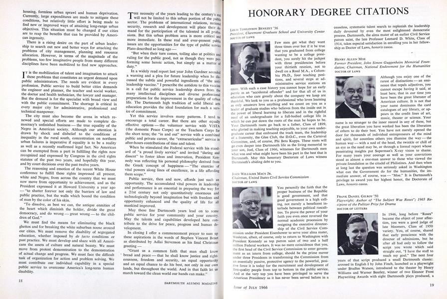 HONORARY DEGREE CITATIONS | Dartmouth Alumni Magazine | JULY 1966