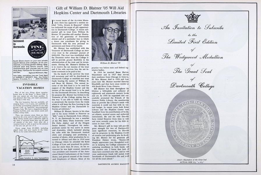 Gift of William D. Blatner '05 Will Aid Hopkins Center and Dartmouth Libraries