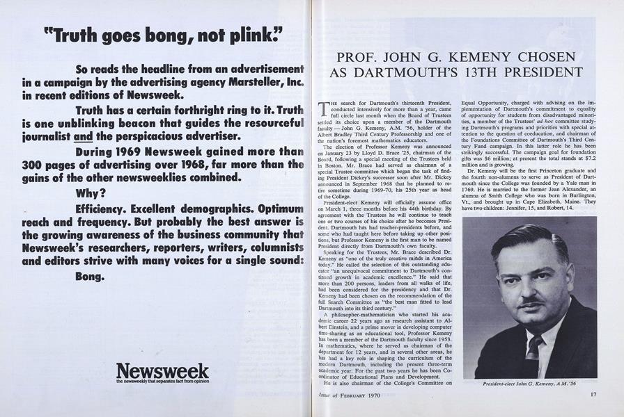 PROF. JOHN G. KEMENY CHOSEN AS DARTMOUTH'S 13TH PRESIDENT