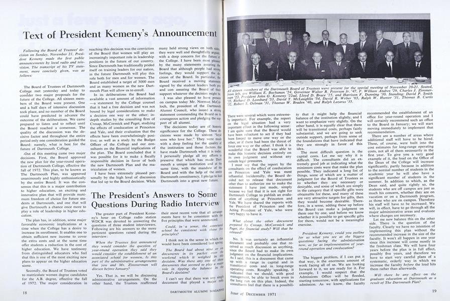 Text of President Kemeny's Announcement