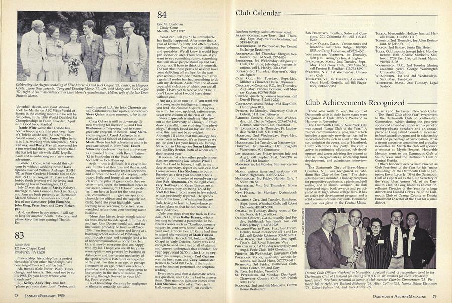 Club Calendar | Dartmouth Alumni Magazine | JANUARY/FEBRUARY 1986